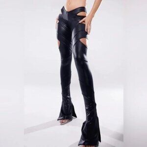 Lips + Honey Flare Pants Womens XS Bia Cut Out Faux Leather Black Slit Hem